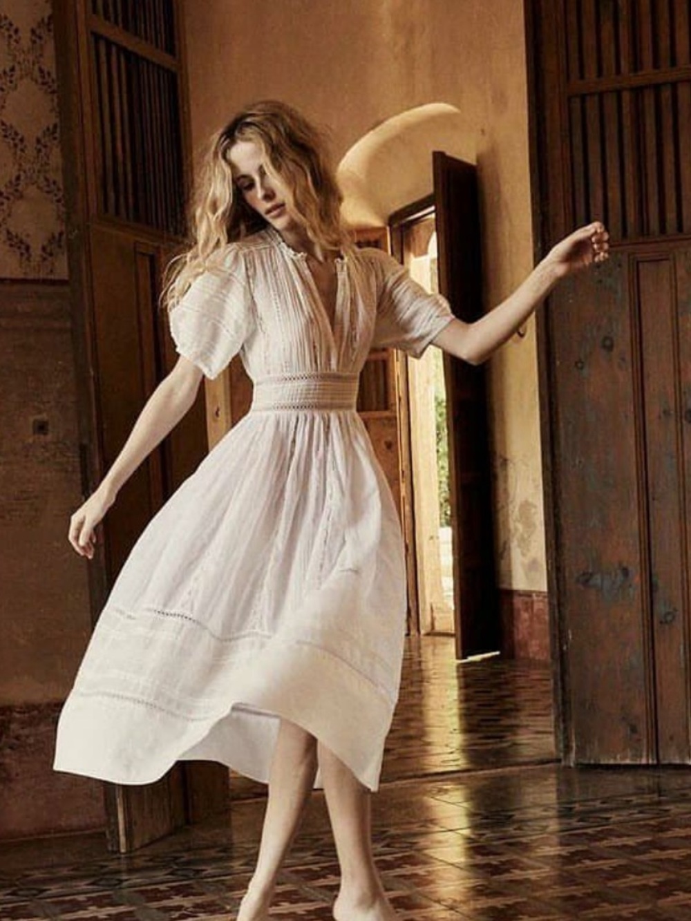 DOÈN White Poplin & Lace Tiered Midi Dress - Small - Picture 2 of 8